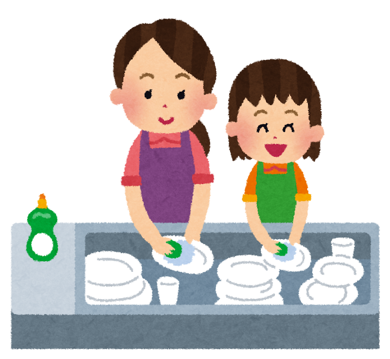 こどもがお手伝いでお皿洗いしている画像